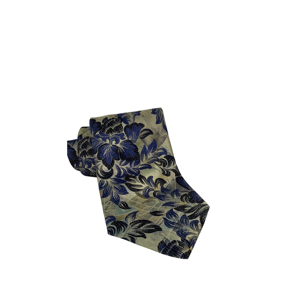 Hubert Milano Mens Silk Blend Floral Jacquard Necktie Blue Gold Ken's Man's Shop